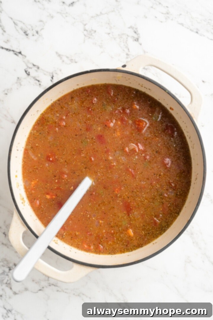 Overhead view of the tomato soup ingredients in the pot, stirred together and ready for simmering.