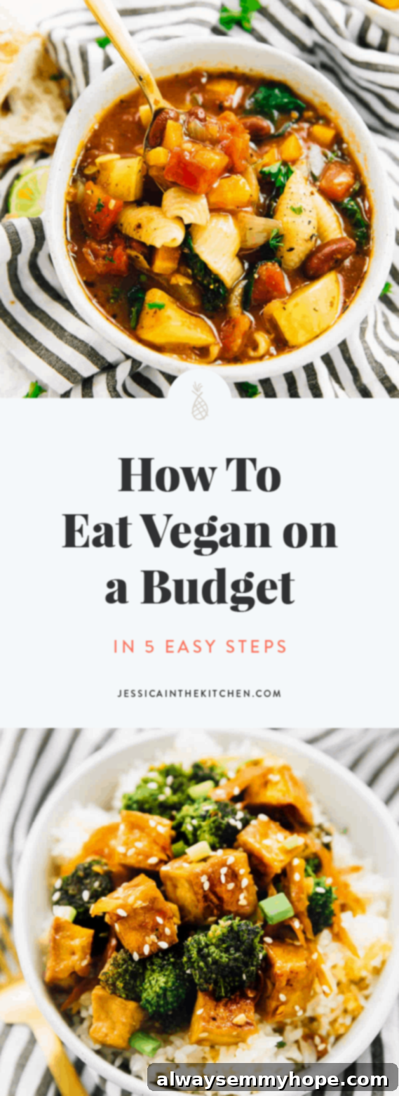 5 Steps to Affordable Vegan Eating 2 A pinterest pin for how to eat vegan on a budget, featuring colorful vegetables and text overlay.