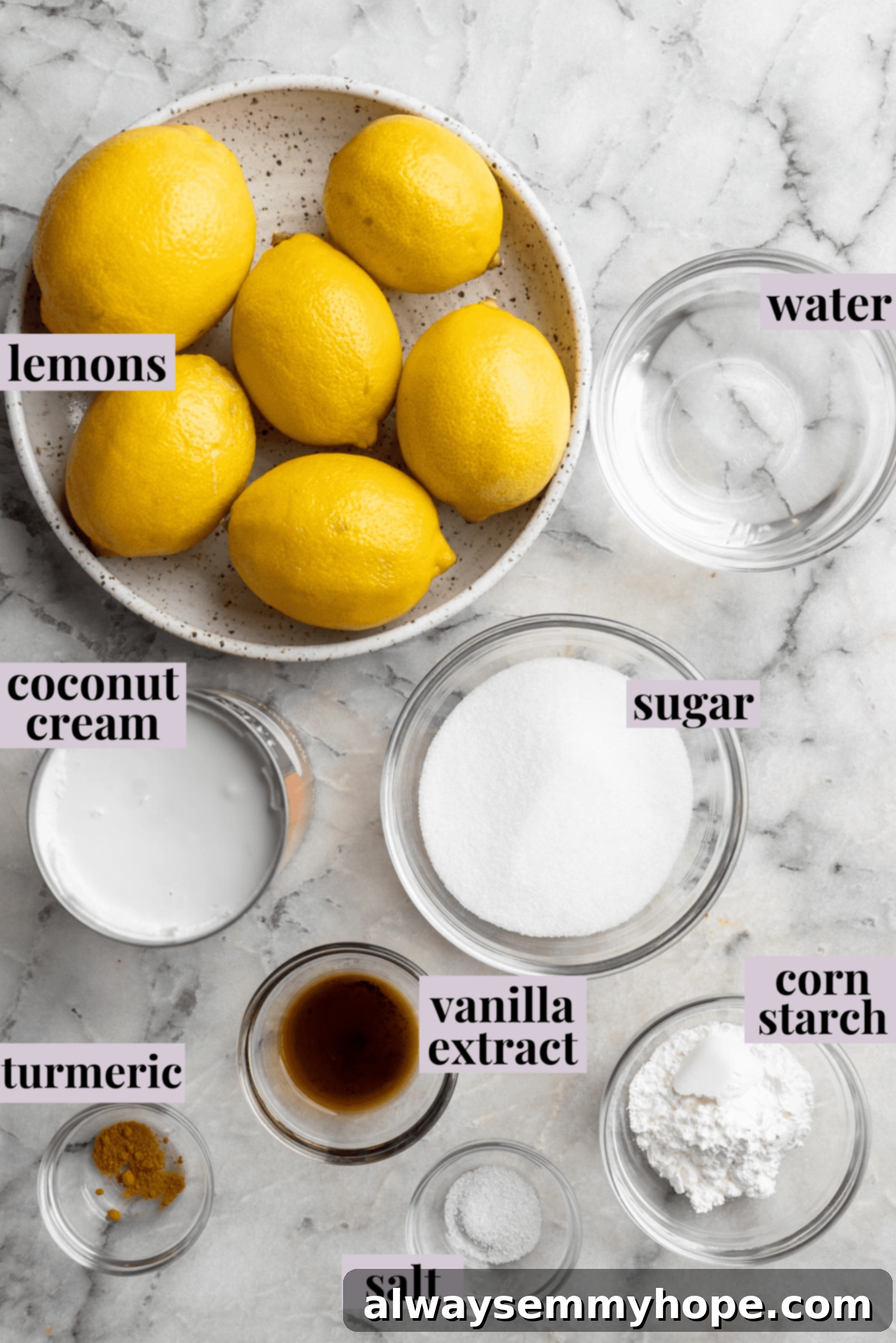 Overhead view of ingredients for vegan lemon curd