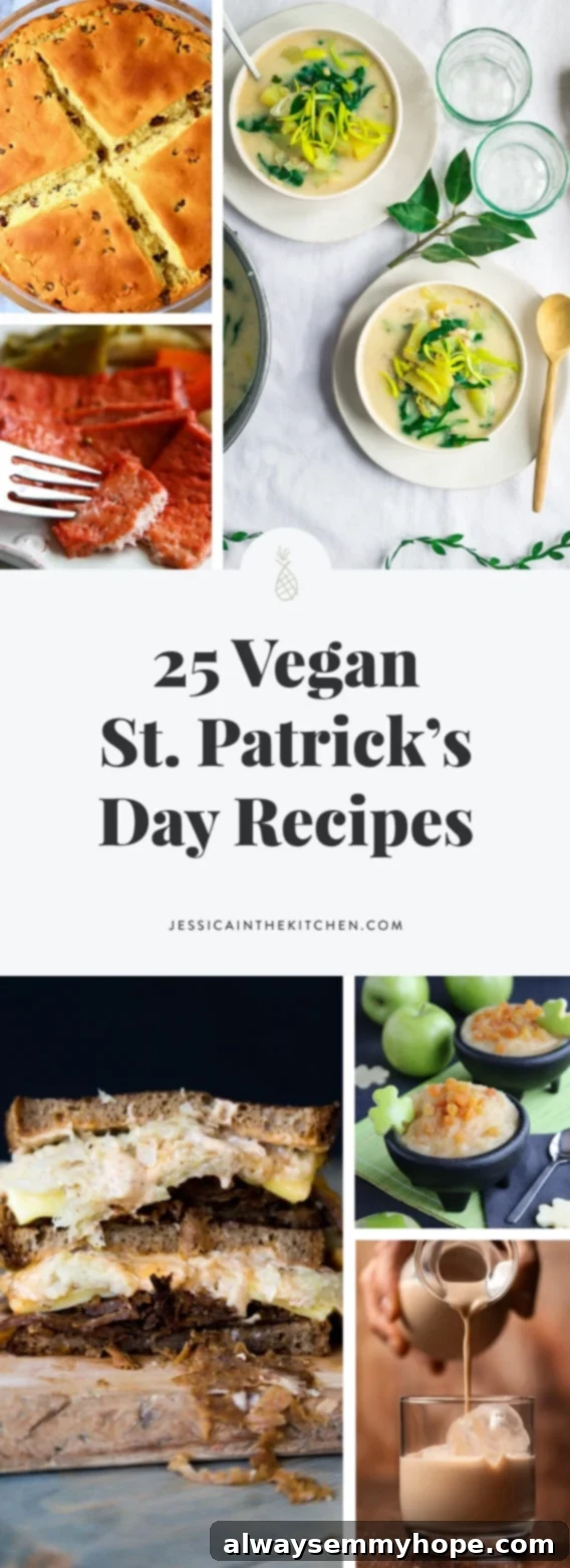 25 Festive Vegan Recipes for St. Patrick's Day 2 A vibrant montage of various delicious vegan St. Patrick's Day dishes, including green smoothies, Irish stews, and mint desserts.