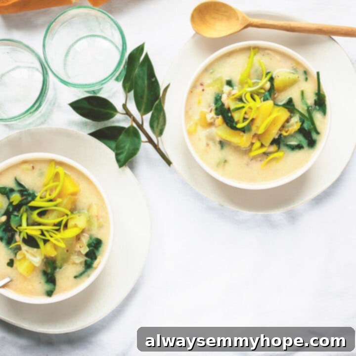 25 Festive Vegan Recipes for St. Patrick's Day 11 Creamy Colcannon-inspired Vegan Potato Soup in a bowl, garnished with greens.