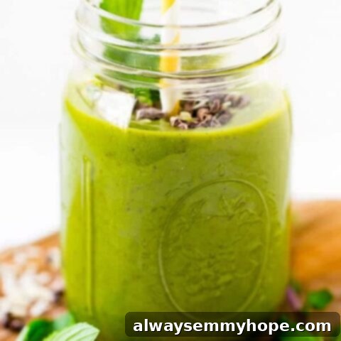 25 Festive Vegan Recipes for St. Patrick's Day 4 Vibrant green mint chocolate chip smoothie in a glass, topped with chocolate shavings.