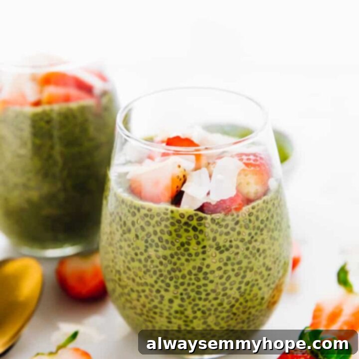 25 Festive Vegan Recipes for St. Patrick's Day 5 Matcha Chia Pudding in a glass jar, layered with fruit.