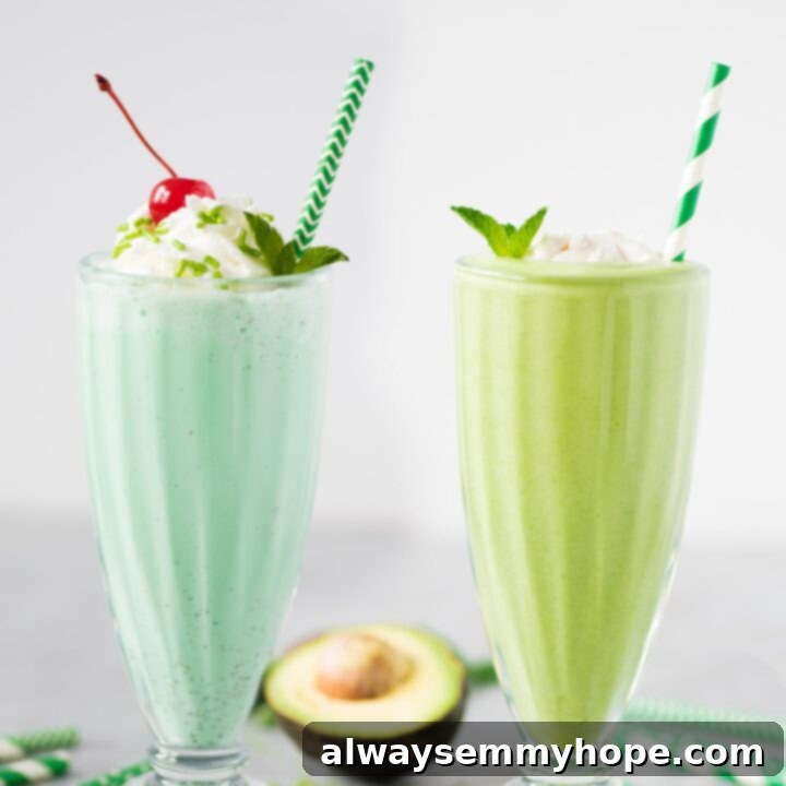 25 Festive Vegan Recipes for St. Patrick's Day 6 Two Shamrock Shakes, one healthy and one indulgent, in tall glasses.