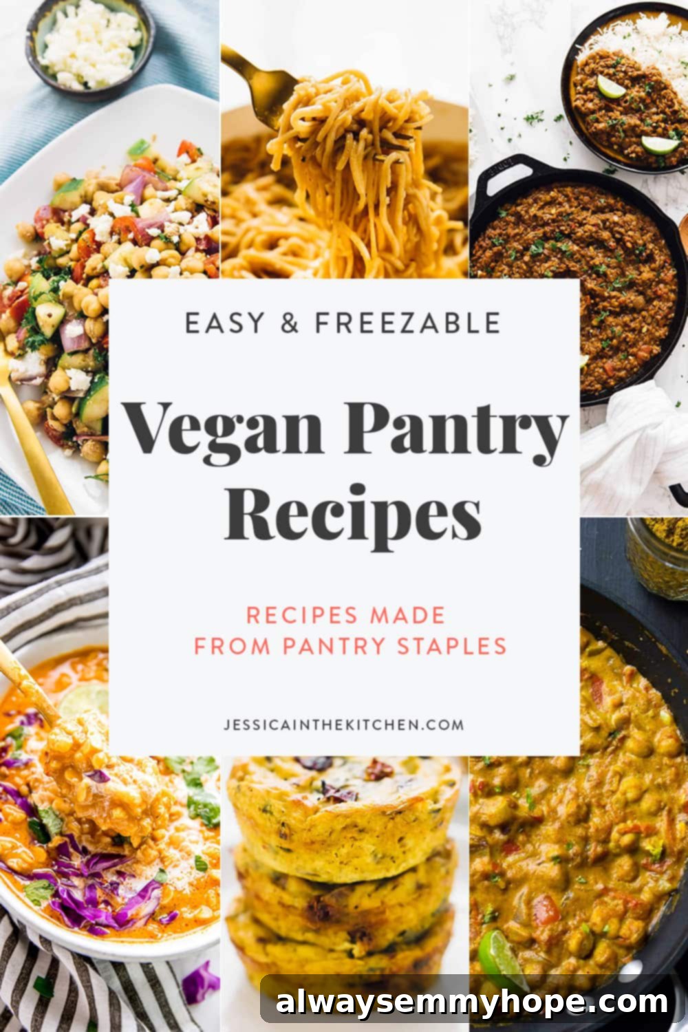 Assortment of vibrant vegan dishes including curries, salads, and pasta, showcasing delicious pantry staple meals and essential ingredients.