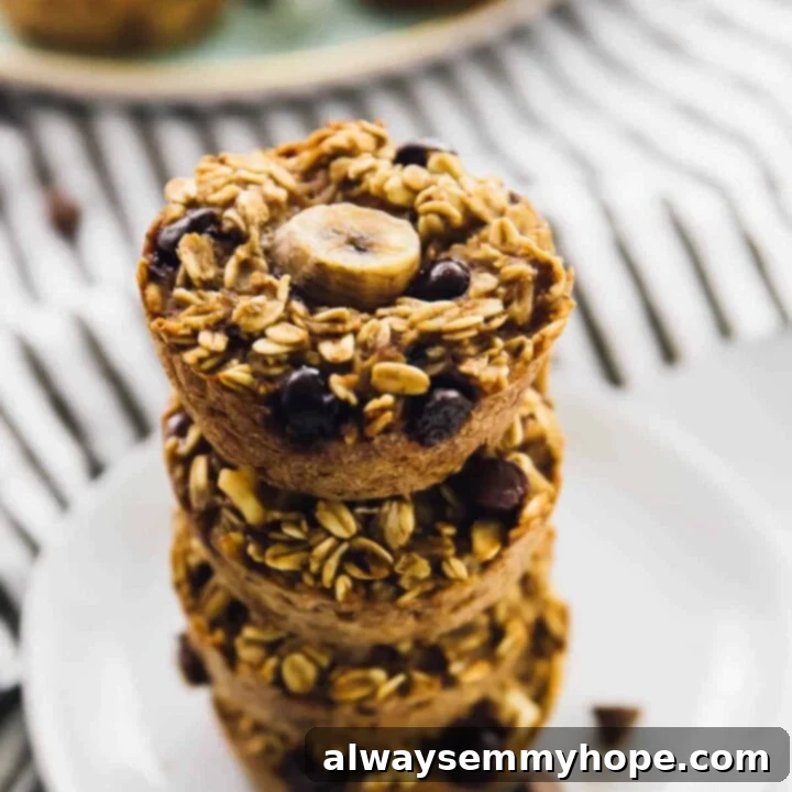 Baked Banana Bread Oatmeal Cups (Chunky Monkey) with chocolate chips and banana slices.
