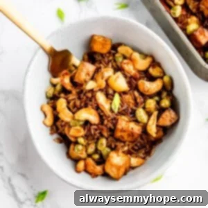 Plant-Based Fried Rice 2 Top down view of vegan fried rice in a bowl.