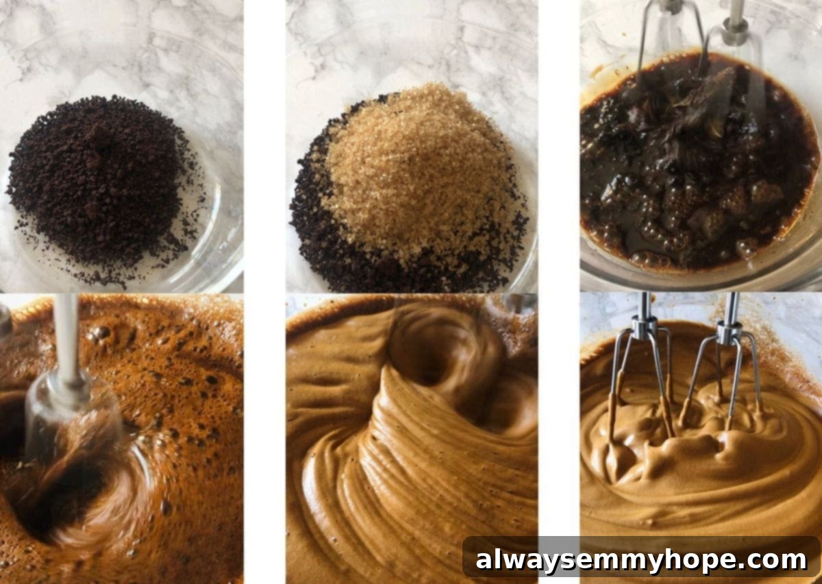 Dalgona Kahve Nasıl Yapılır Püf Noktalarıyla 3 A series of four step-by-step photos illustrating the process of making dalgona coffee, also known as whipped coffee, from mixing ingredients to the final whipped topping.