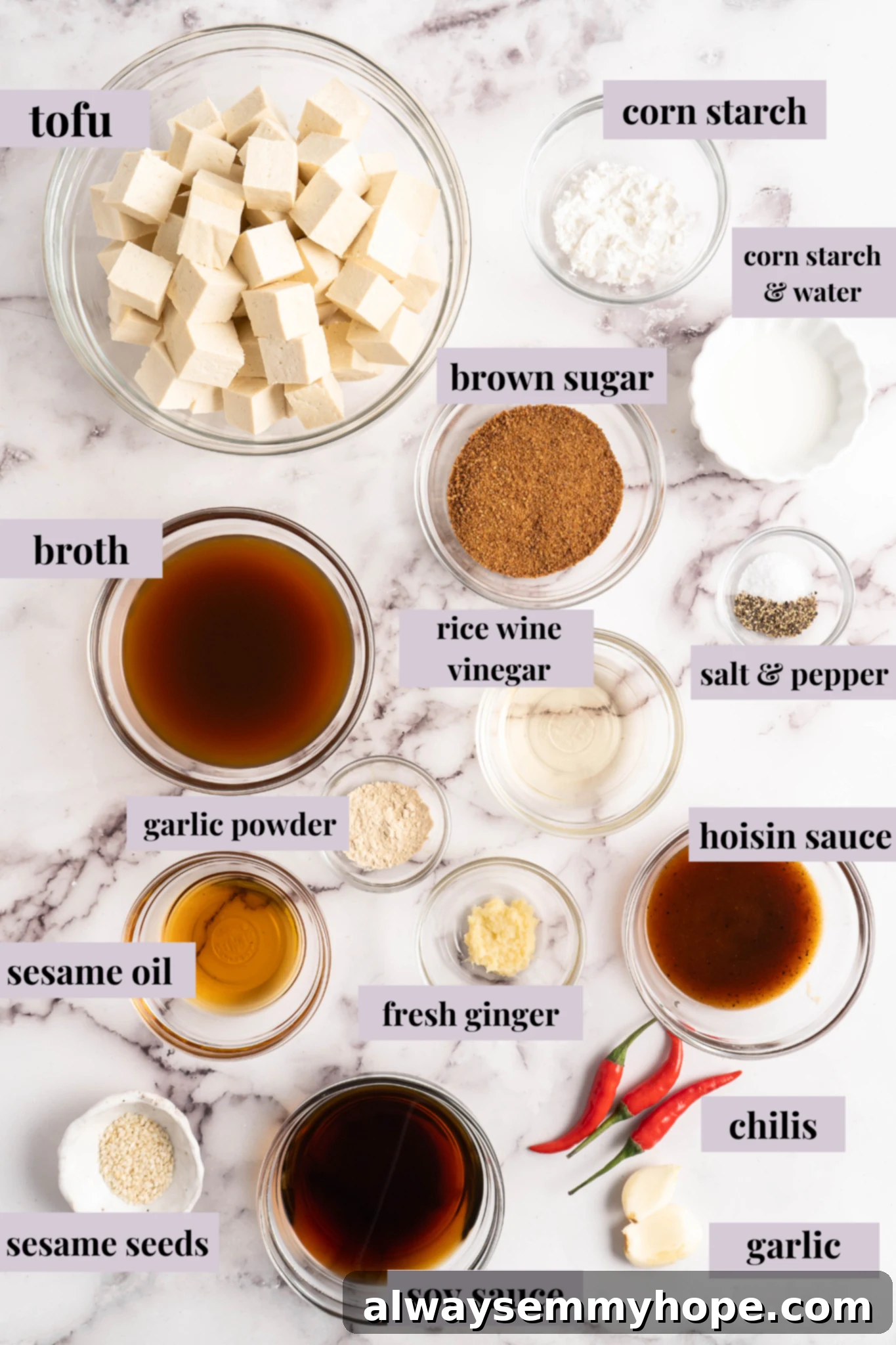 Overhead view of General Tso Tofu ingredients laid out on a table