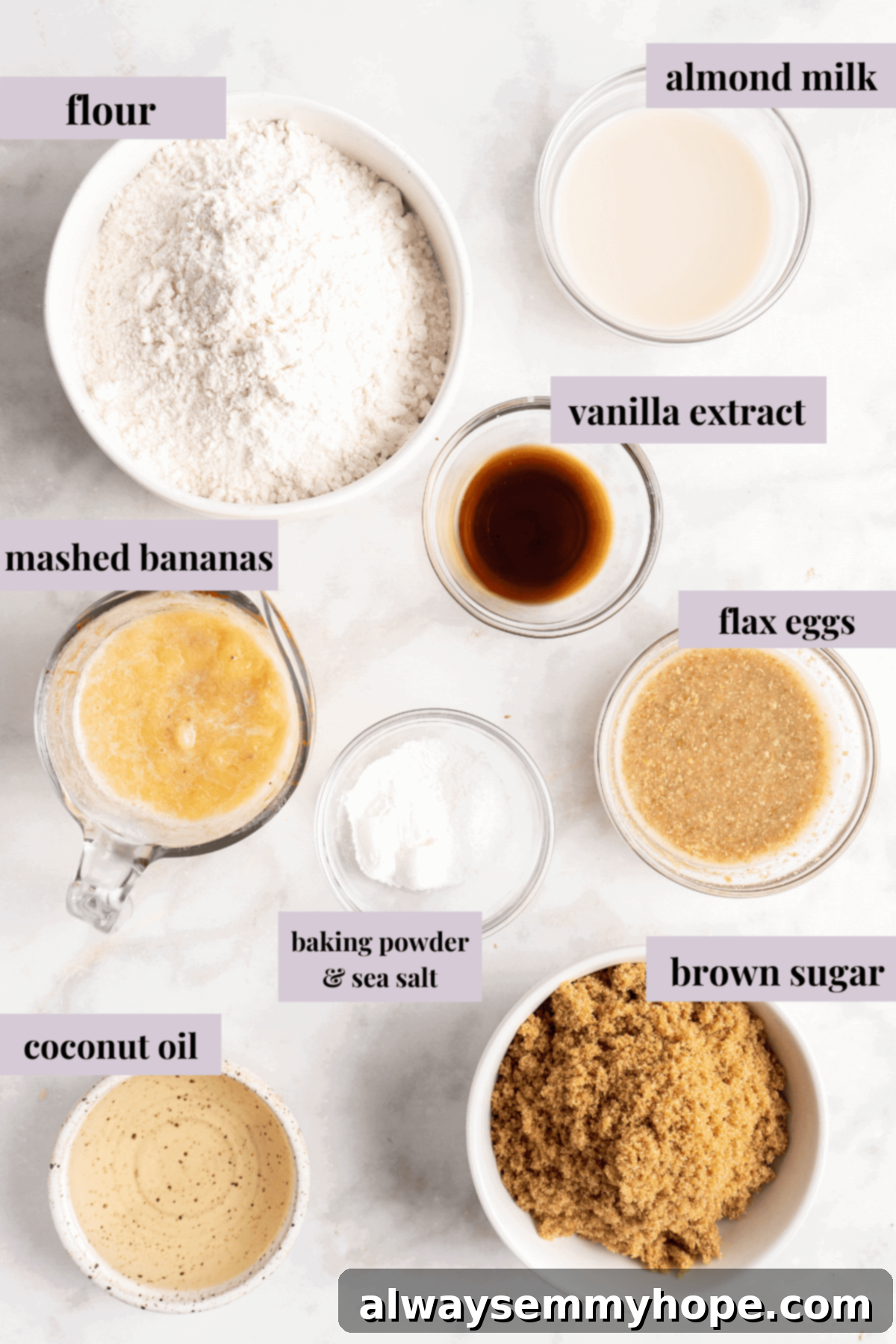 Overhead view of vegan banana bread ingredients