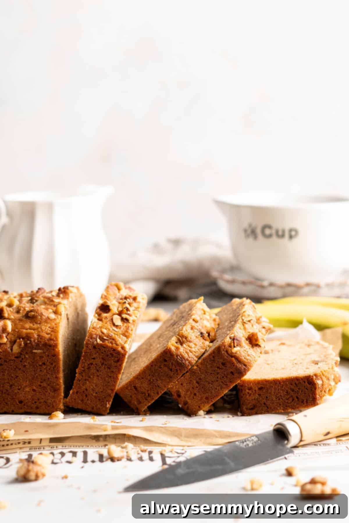 Side view of sliced vegan banana bread
