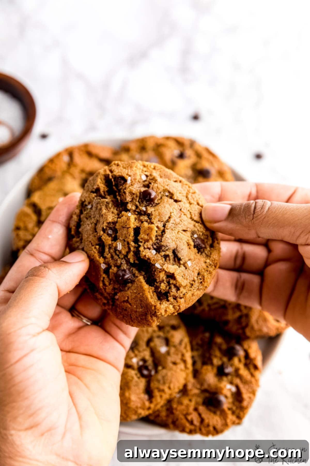 This is the best vegan chocolate chip cookies recipe! With only 5 ingredients, these vegan cookies are soft-baked, chewy, and EASY to make! Two hands gently breaking apart a vegan chocolate chip cookie, revealing its soft, chewy interior and melted chocolate chips. More cookies are blurred in the background on a plate.