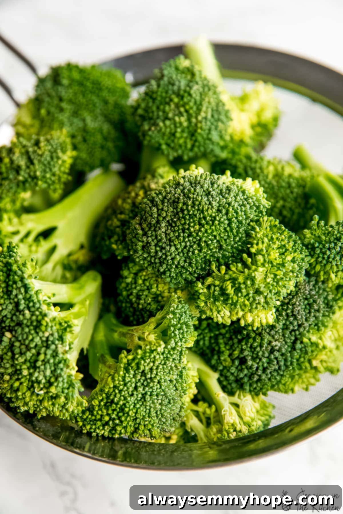 Dynamite Vegan Broccoli 3 Close up shot of raw broccoli in a metal strainer.