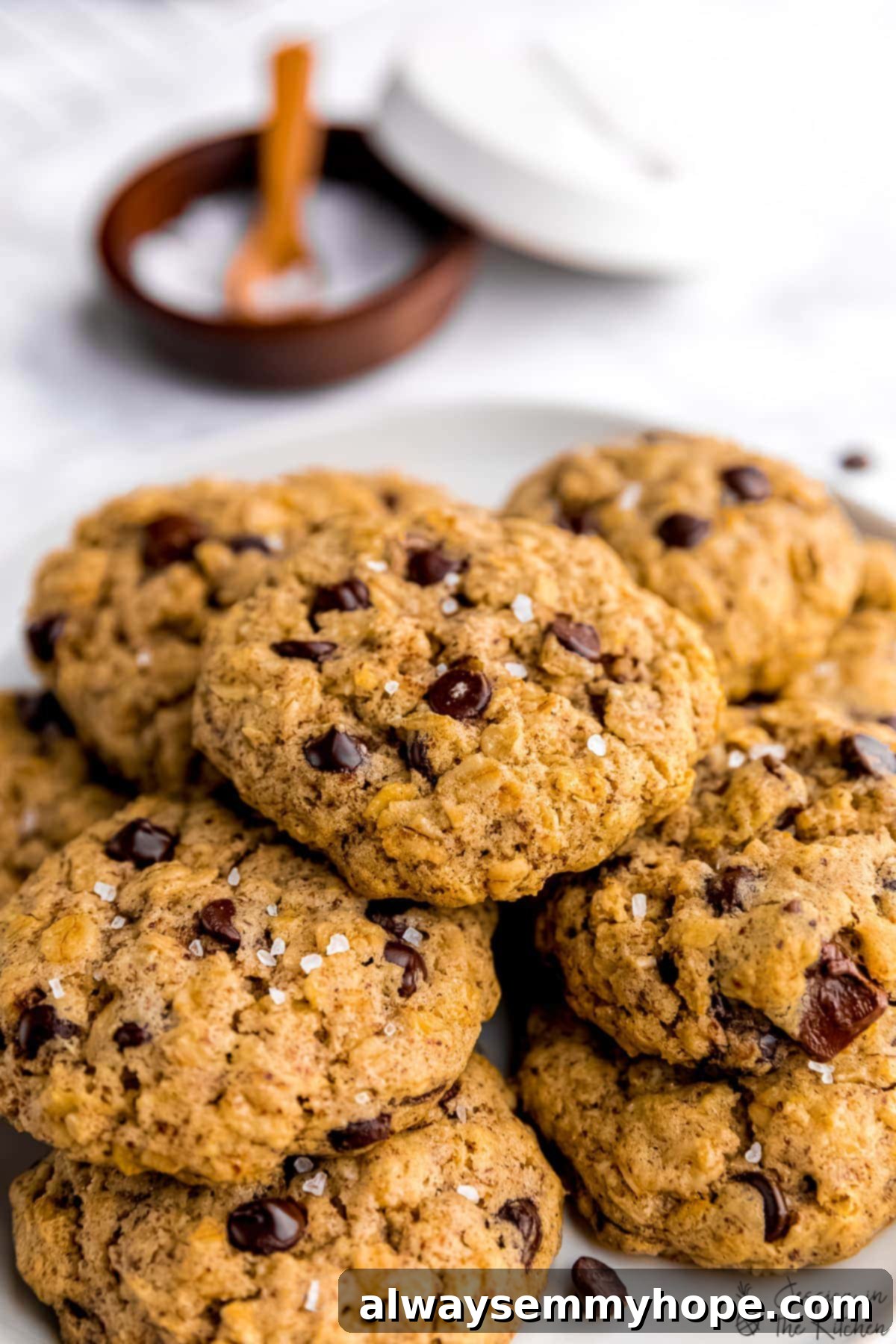 Plate of soft oatmeal chocolate chip cookies