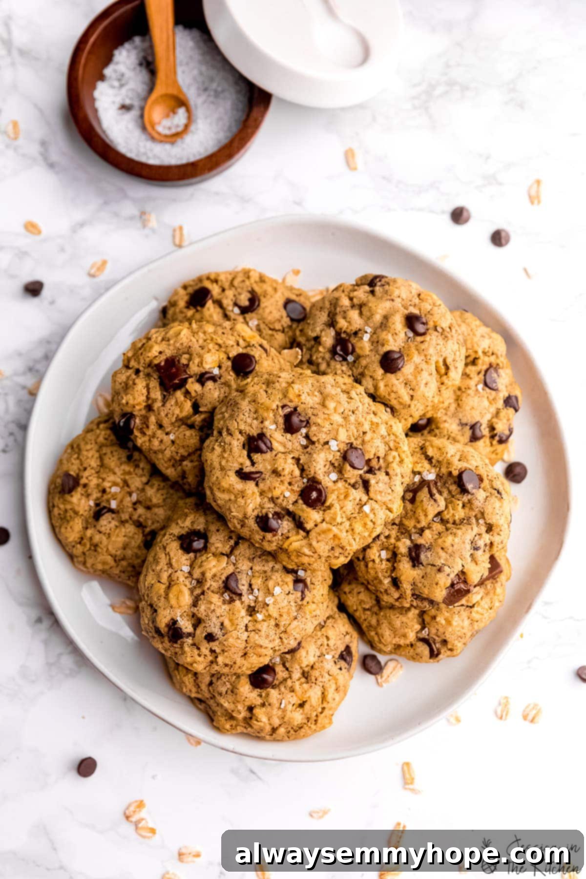 Overhead view of vegan oatmeal chocolate chip cookies on plate