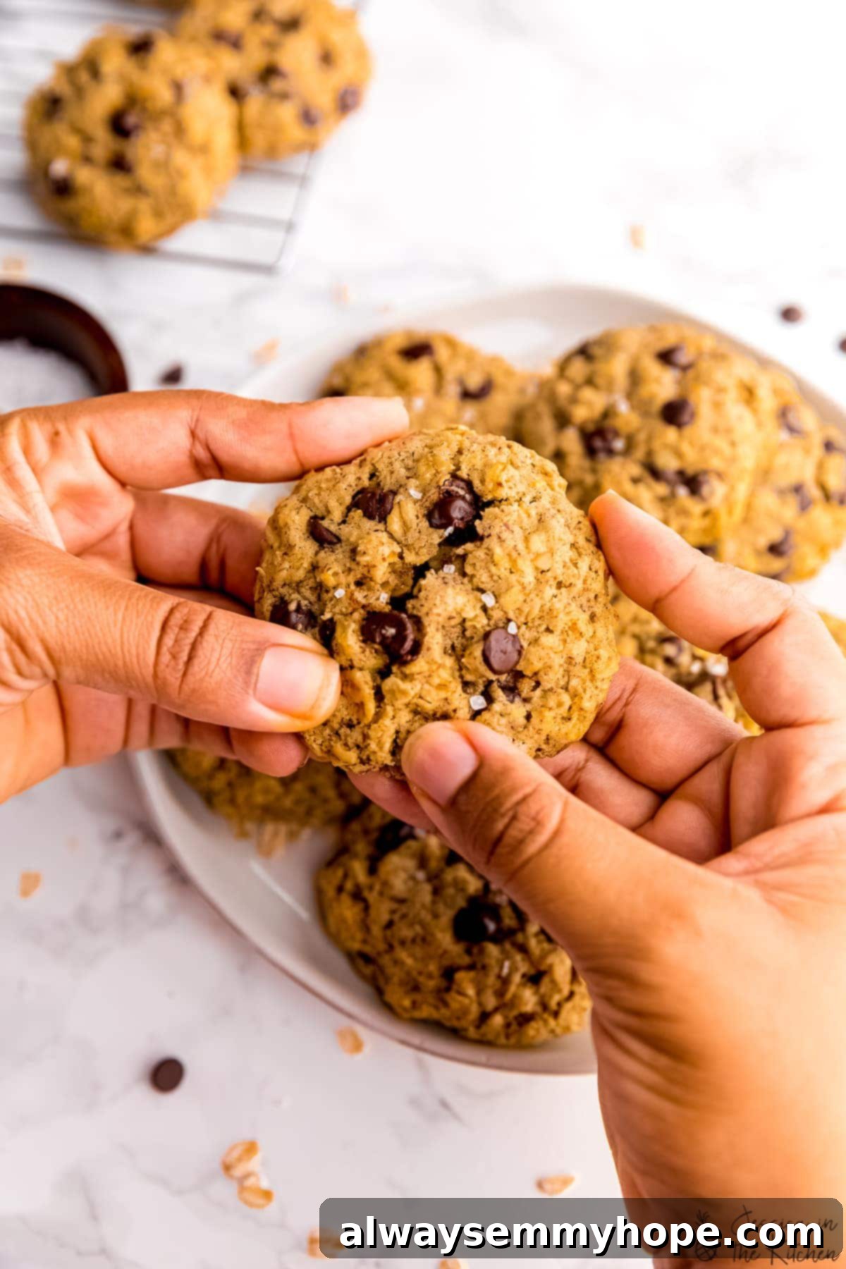 Hands breaking chewy oatmeal chocolate chip cookie in half