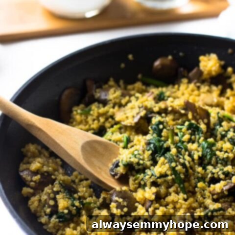 One Can, 20 Vegan Coconut Milk Recipes 15 Creamy Coconut Spinach and Mushroom Quinoa in a bowl.