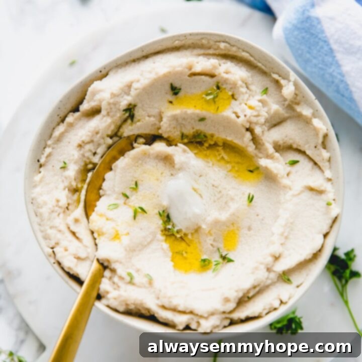 One Can, 20 Vegan Coconut Milk Recipes 21 Creamy Vegan Mashed Cauliflower in a bowl with fresh herbs.