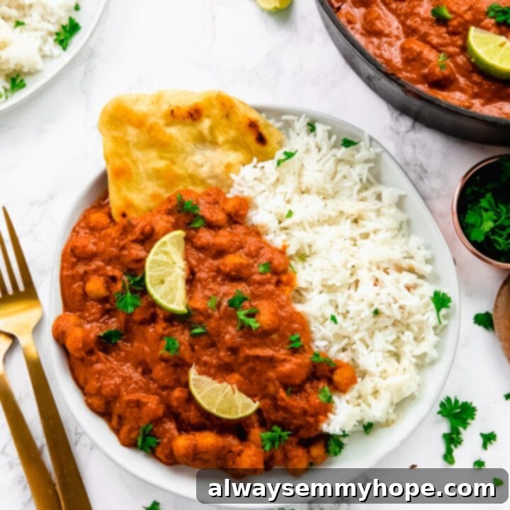 One Can, 20 Vegan Coconut Milk Recipes 5 Hearty Vegan Chickpea Tikka Masala in a bowl with rice.