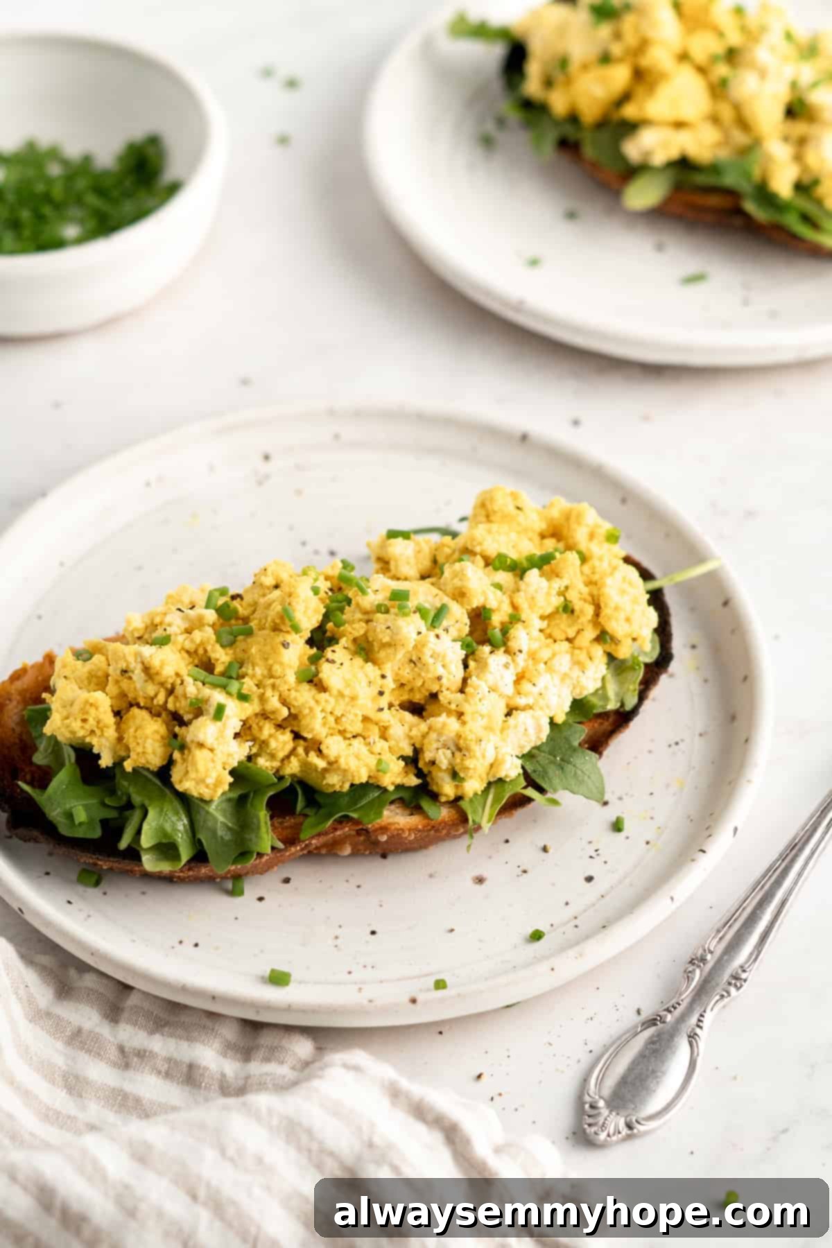 A serving of fluffy vegan tofu scramble neatly piled on a slice of golden-brown toast, ready to be enjoyed.