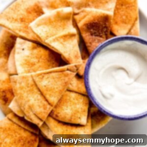 Homemade pita chips in a plate stacked with a dip beside it.
