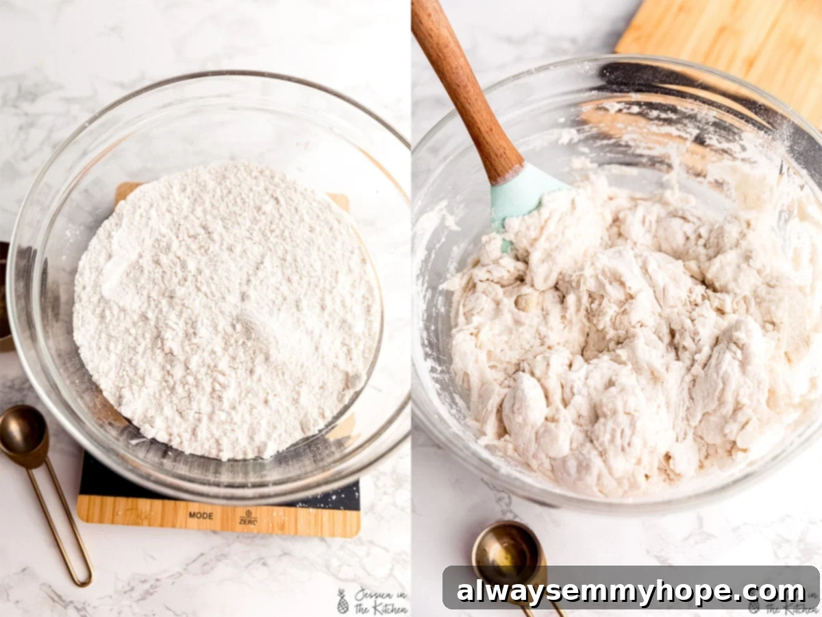 Effortless Dutch Oven Artisan Bread 3 Step-by-step image showing ingredients being mixed for no knead bread dough.