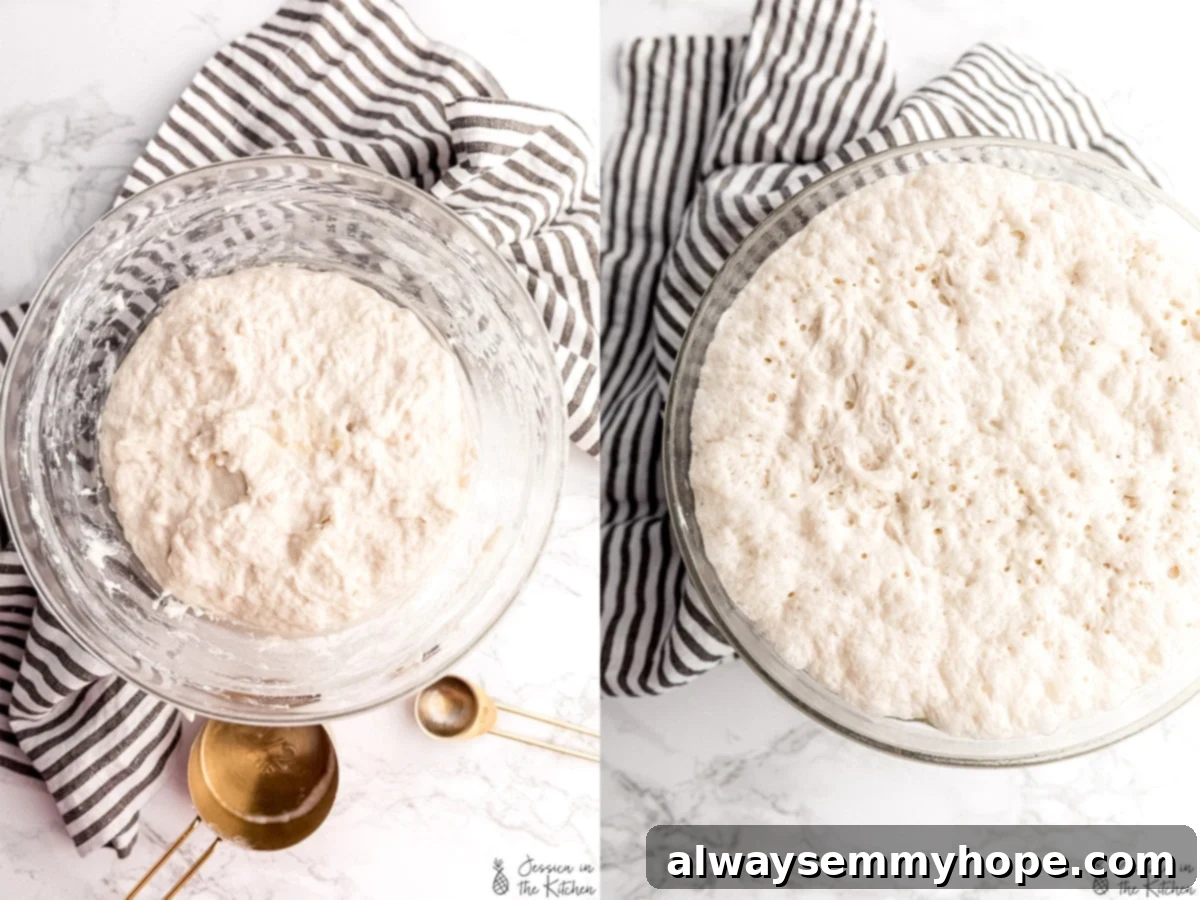 Effortless Dutch Oven Artisan Bread 4 No knead bread dough rising in a clear glass bowl, showing bubbles and increased volume.