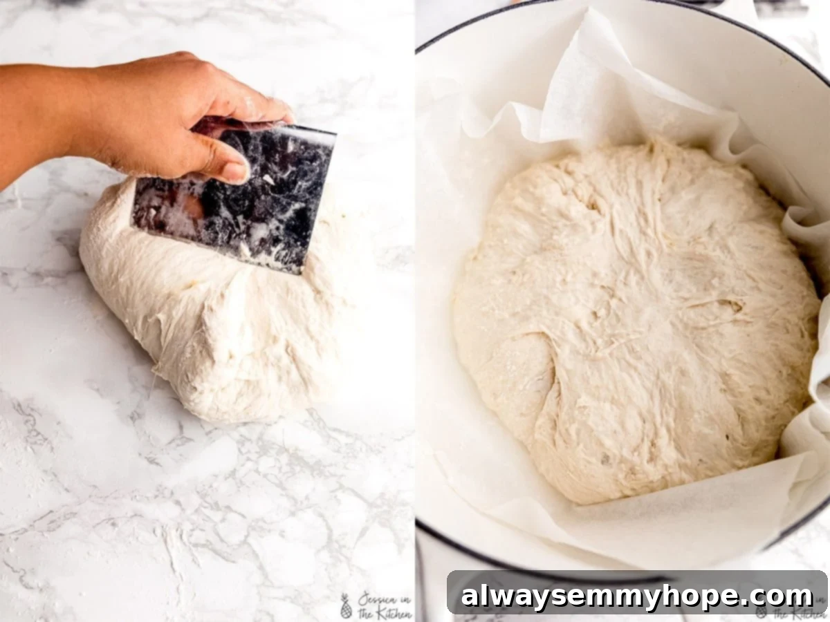 Effortless Dutch Oven Artisan Bread 5 Side-by-side comparison of shaping no knead dough with a scraper and the dough in a bowl after rising.