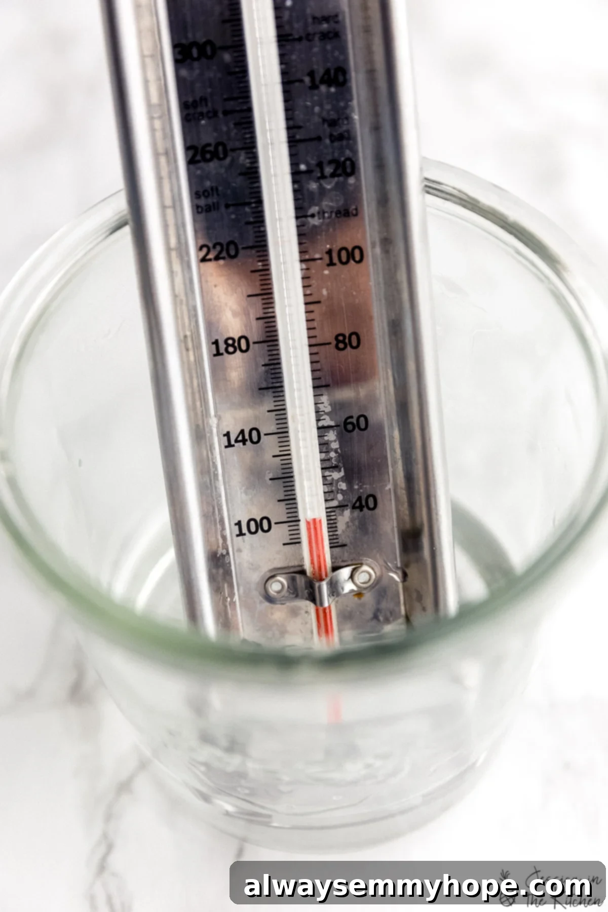 How to Test Yeast for Viability 4 A candy thermometer in a bowl of warm water at 100 degrees Fahrenheit or 40 degrees Celsius.