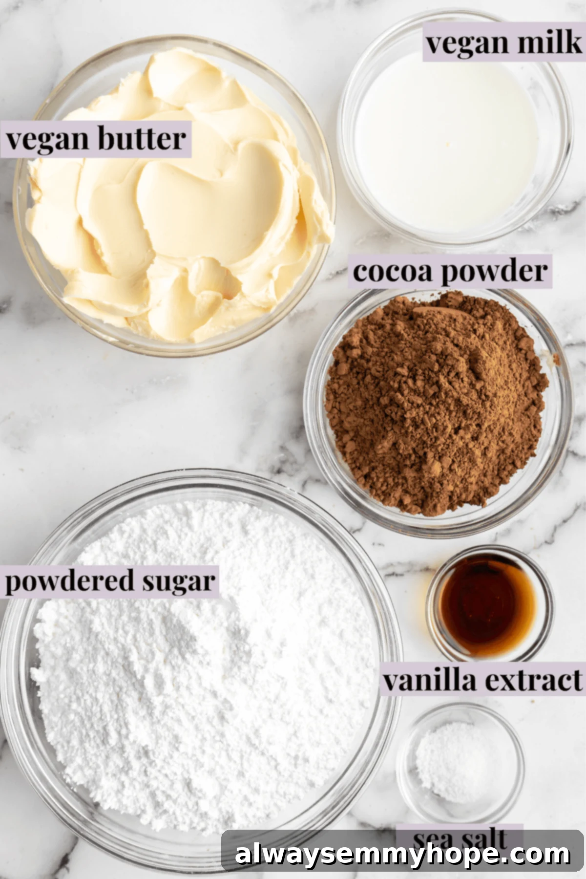 This vegan chocolate cake recipe is the best you'll ever try and the easiest too! Make it yourself and find out why it's a reader favorite. Overhead view of vegan chocolate frosting ingredients with labels.