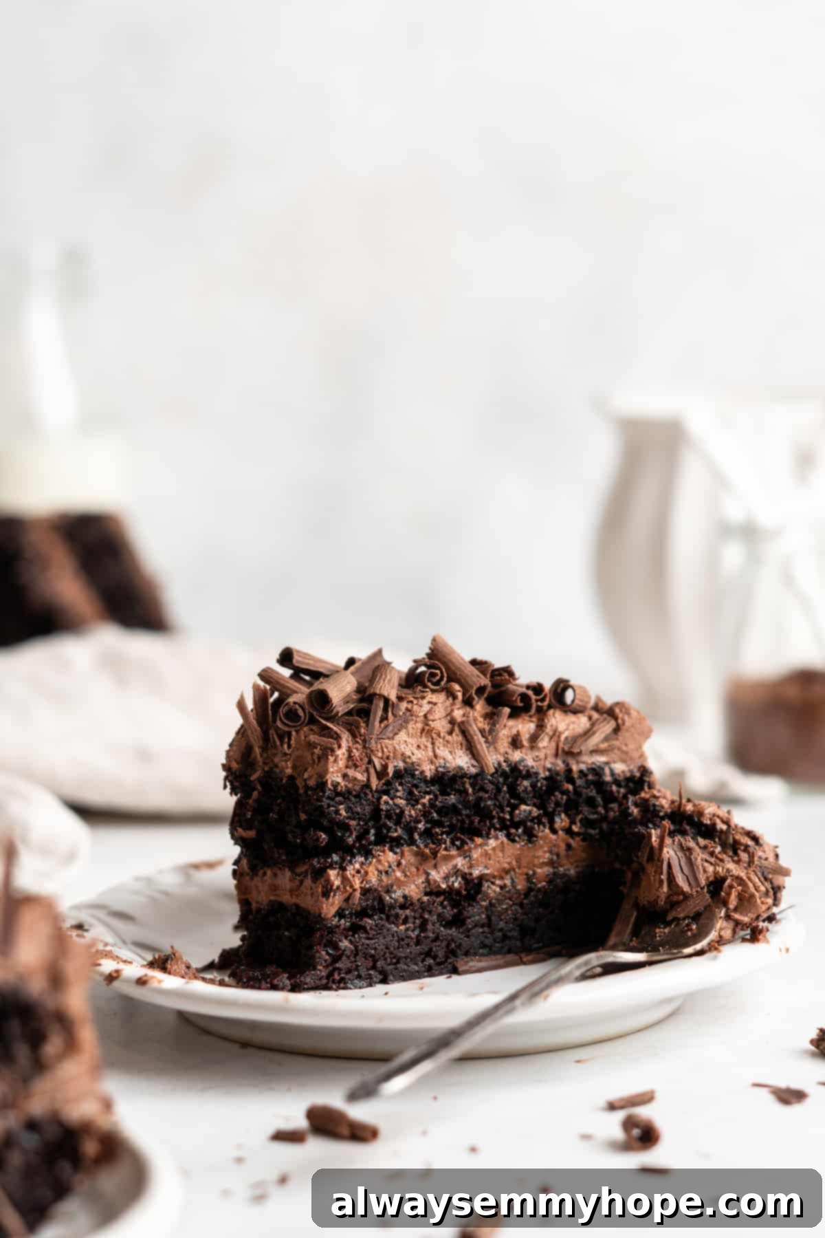 This vegan chocolate cake recipe is the best you'll ever try and the easiest too! Make it yourself and find out why it's a reader favorite. Two-layer vegan chocolate cake slice on plate.