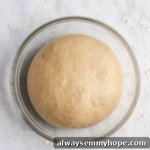 Fluffy, risen pizza dough filling a large mixing bowl, visibly doubled in size.