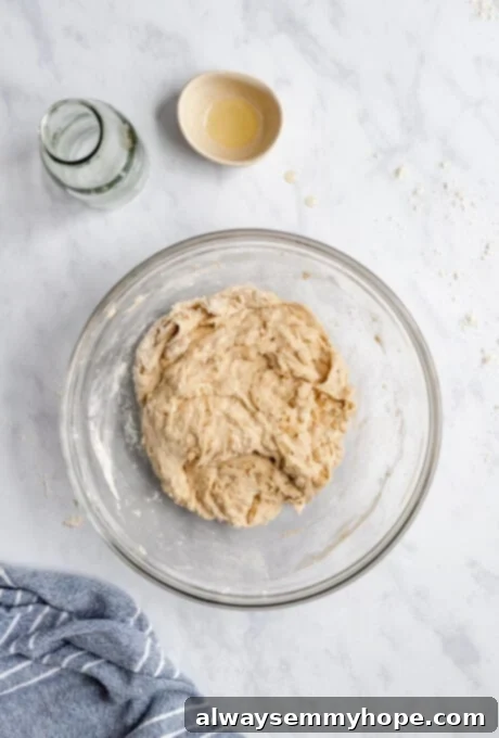 Shaggy pizza dough in a bowl after wet and dry ingredients have been lightly mixed.