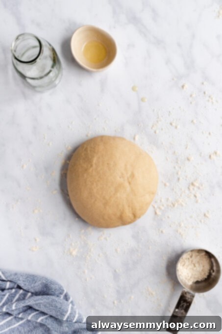 Smooth, rounded ball of kneaded pizza dough on a lightly floured surface.