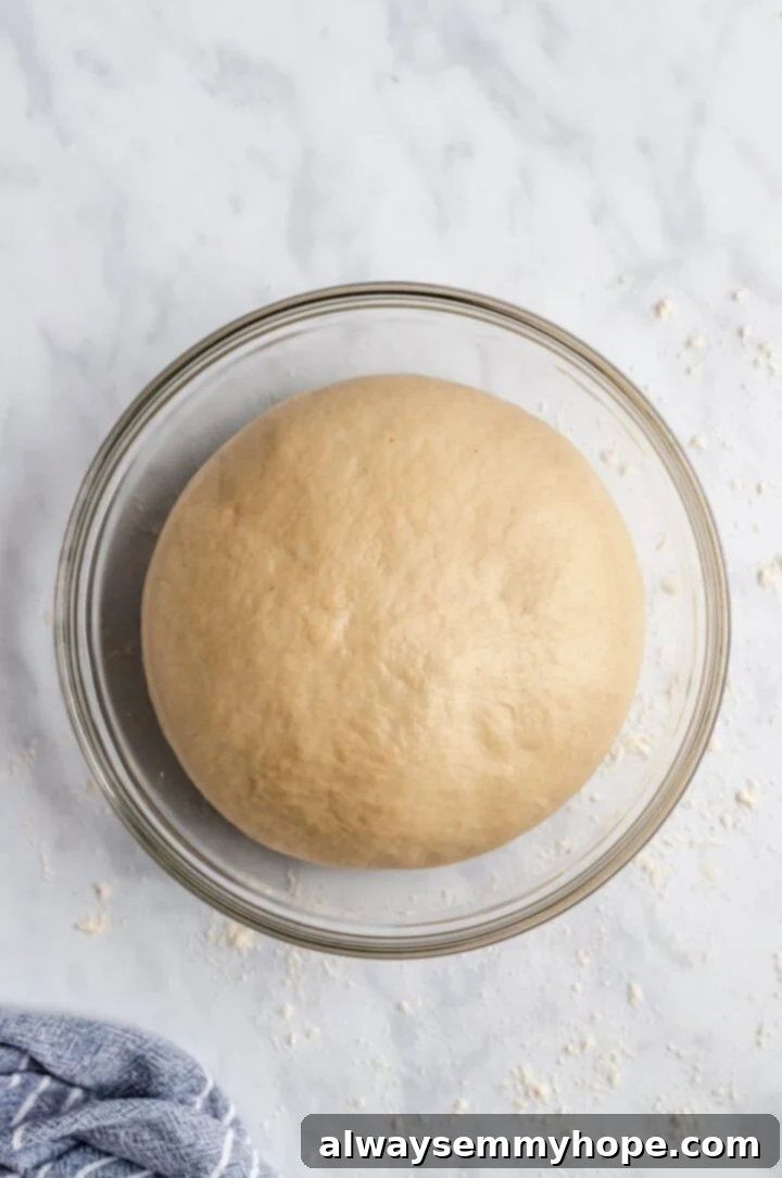 Fluffy, risen pizza dough filling a large mixing bowl, visibly doubled in size.