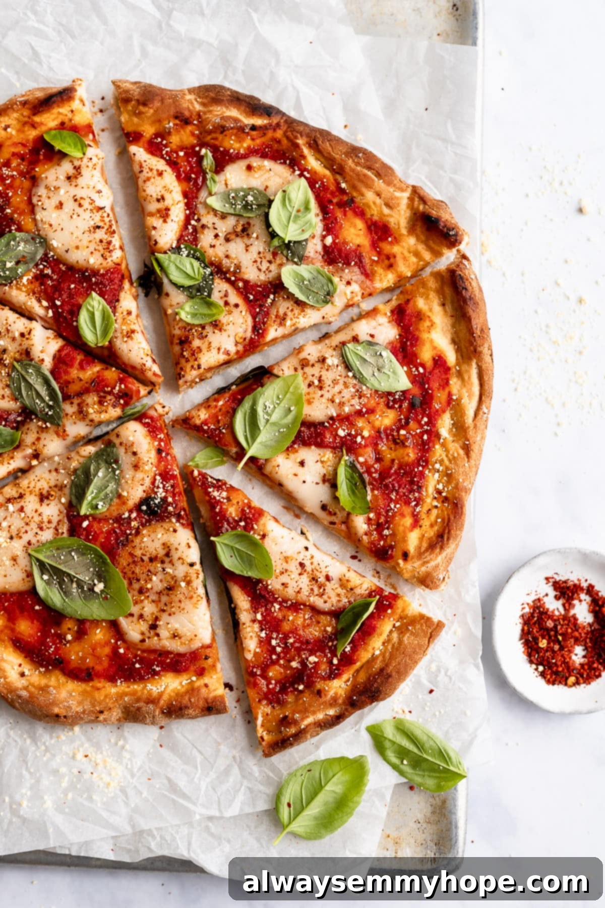 Overhead closeup shot of vegan pizza sliced with one slice slightly pulled out. Scattered basil around, and on parchment paper on a baking sheet.