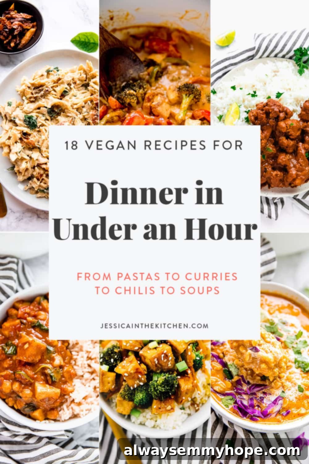 18 Fast Vegan Dinners Under an Hour 2 An appetizing spread of various vegan dinner dishes, including creamy pasta, vibrant curries, and savory stir-fries, all presented to highlight their quick preparation time of under one hour.