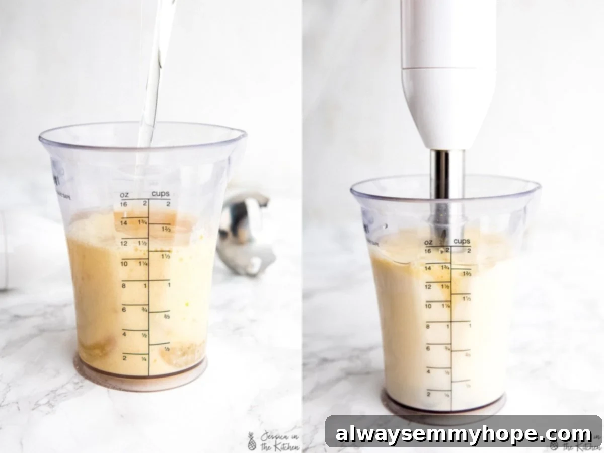 Step by step photos of whisking mayonnaise.