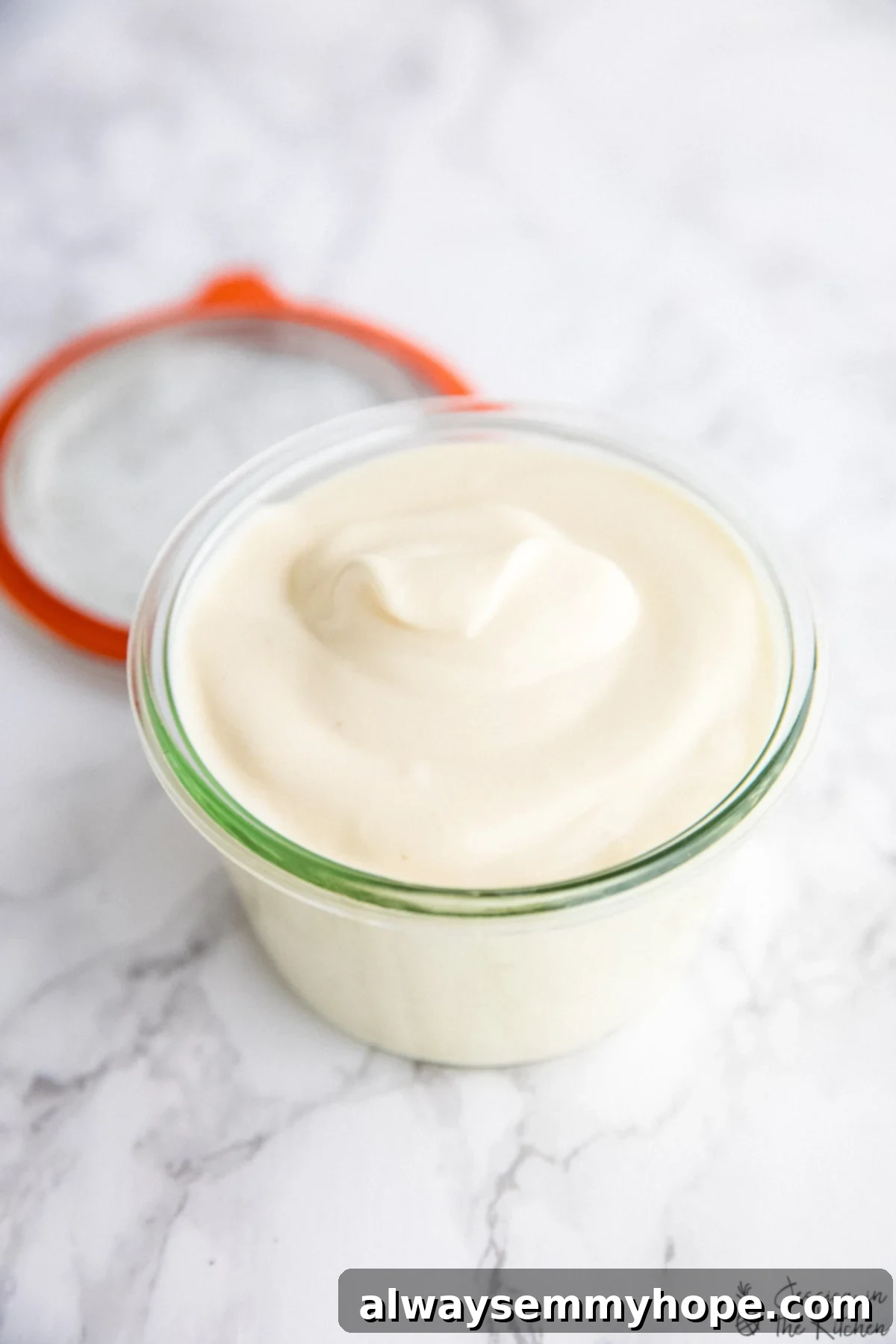Photo of vegan mayo with a jar.