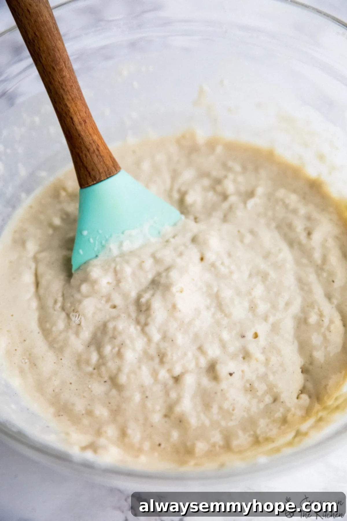 Irresistibly Fluffy Crispy Vegan Waffles 3 Close-up photo of thick, slightly lumpy vegan waffle batter in a bowl