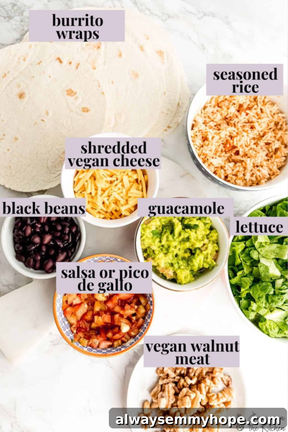 These vegan burritos are packed with walnut “meat”, cheese, beans, seasoned rice, and all your favourite fixings. Perfect for meal prep! Assortment of fresh ingredients for Vegan Burritos, including walnuts, beans, rice, spices, and fresh produce