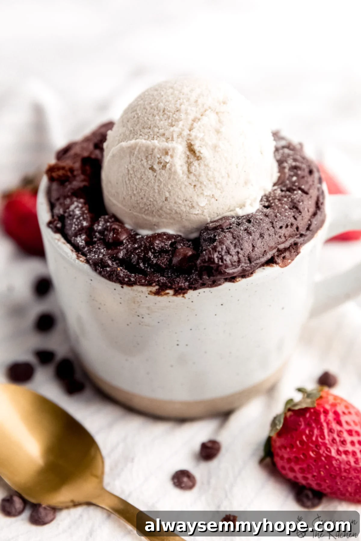 Close up photo of a vegan chocolate mug cake topped with a scoop of vanilla ice cream, showing its moist texture.