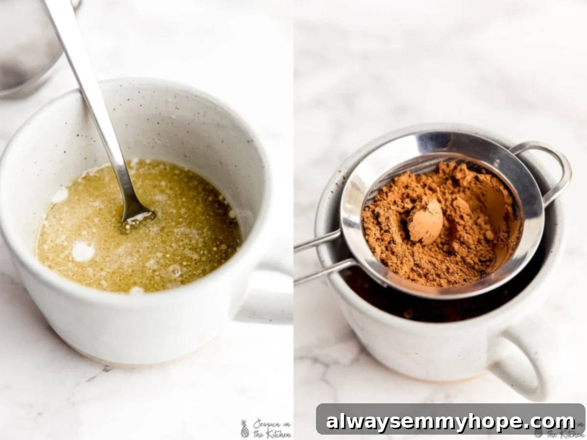 Step-by-step preparation photos of mixing ingredients for a chocolate mug cake.