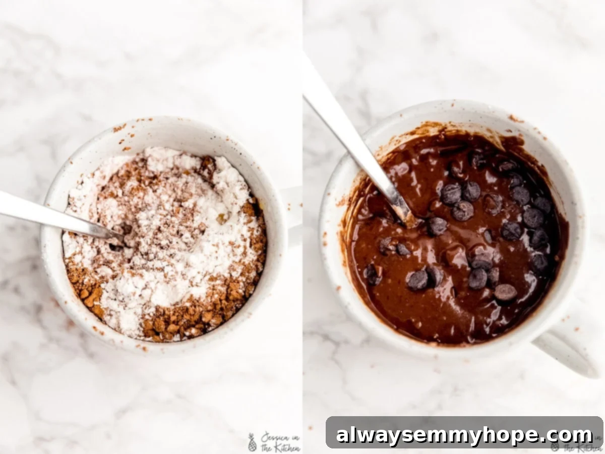Prep shots of vegan chocolate mug cake batter being mixed in a mug with a spoon.