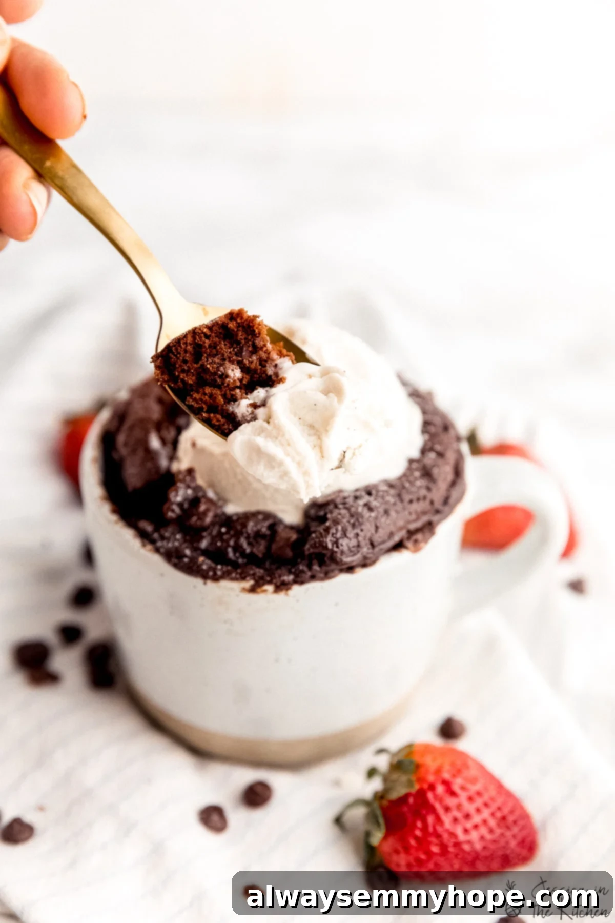 A spoonful of vegan chocolate mug cake with a melting scoop of ice cream on top.