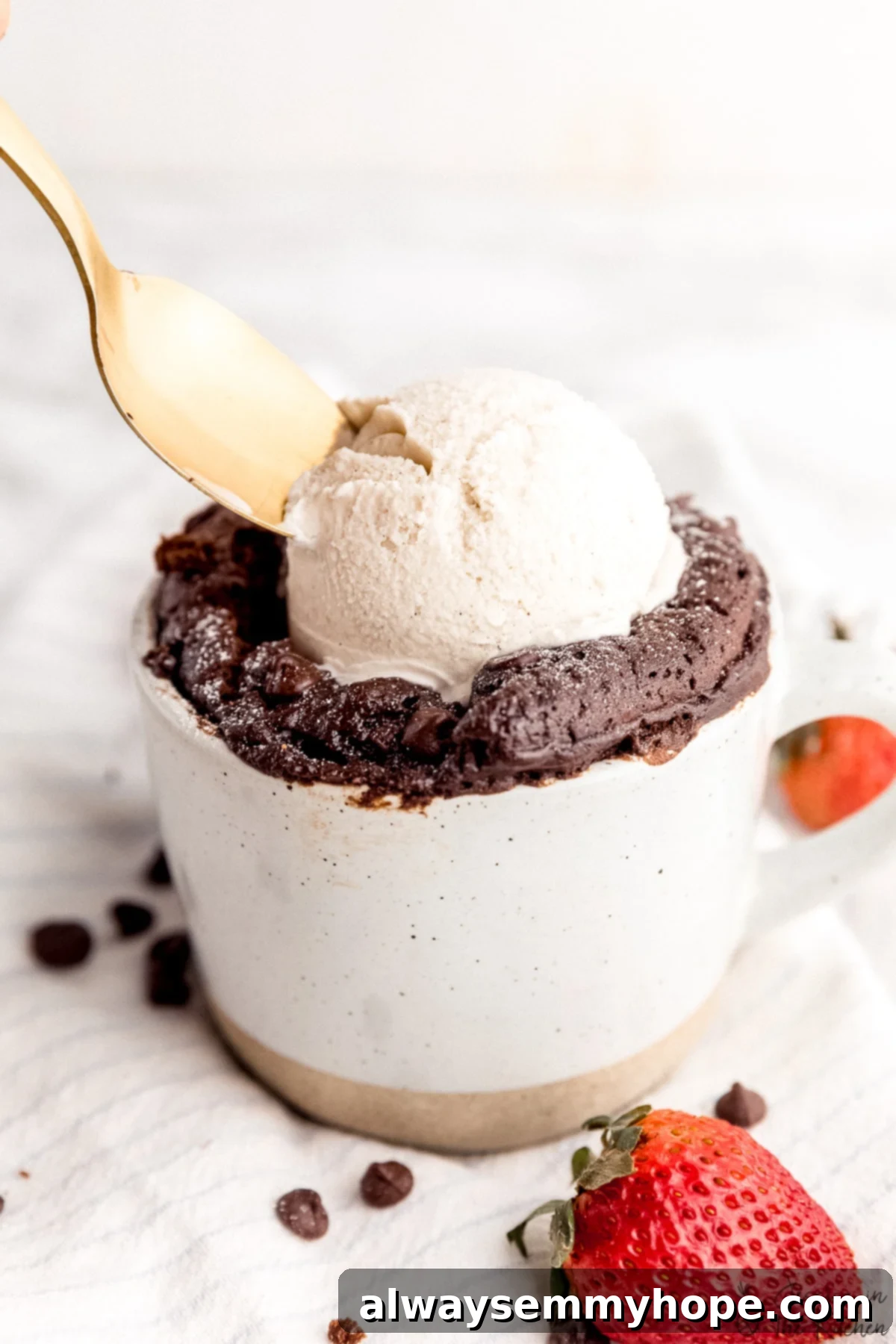 Close up photo of a vegan chocolate mug cake with a scoop of ice cream on top, with a spoon taking a scoop.