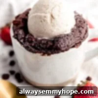 A close up photo of mug cake with a scoop of ice cream on top.