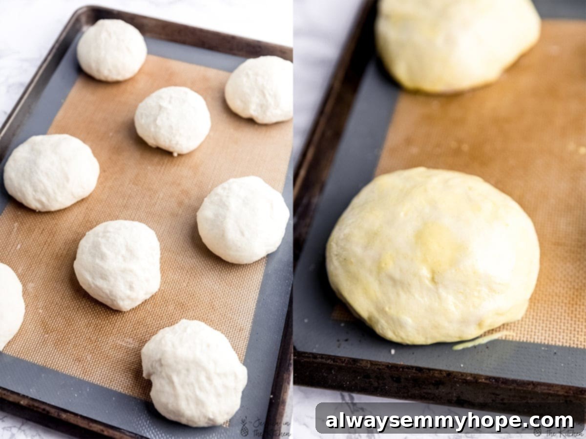 Pillowy Vegan Burger Buns 4 Side by side shots of unbaked buns, perfectly shaped and spaced on a baking sheet, ready for proofing.