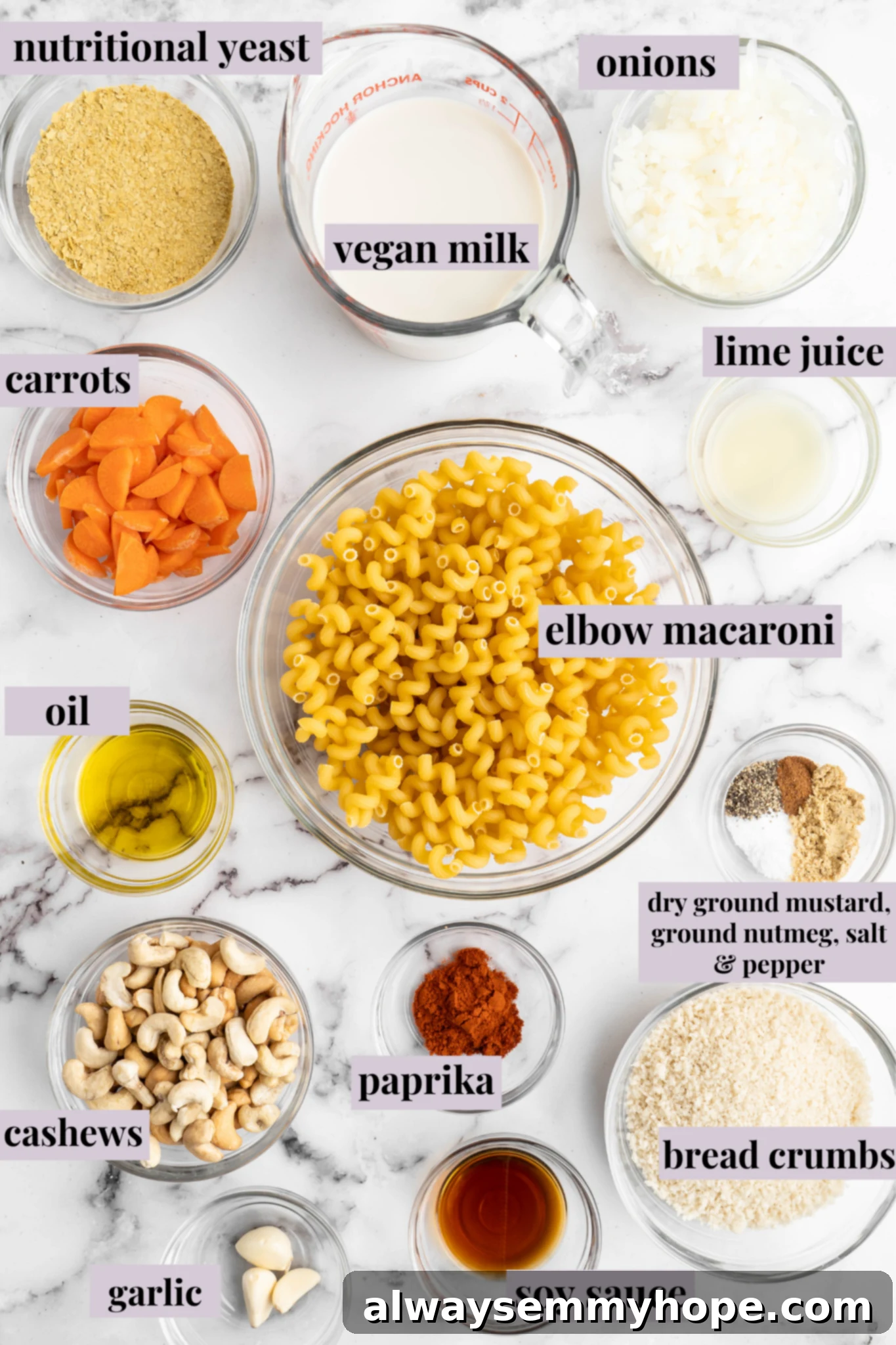 An overhead shot showcasing all the essential ingredients for Baked Vegan Mac and Cheese, including pasta, cashews, nutritional yeast, and various spices, laid out with helpful labels.
