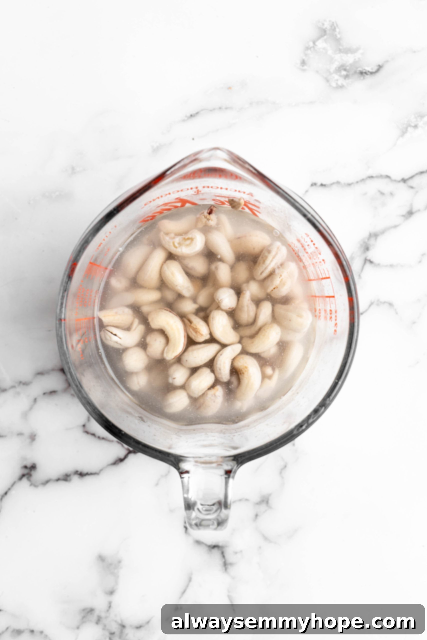 Close-up overhead view of raw cashews soaking in water in a glass bowl, a crucial step for achieving a creamy vegan cheese sauce.